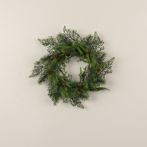 15" ASPARAGUS FERN, SPRUCE & PINE CANDLE RING