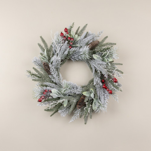 24" SNOW COVERED PINE, LAMB'S EAR & RED BERRY WREATH
