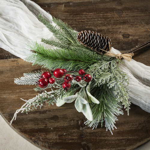 18" SNOW COVERED PINE, LAMB'S EAR & RED BERRY PICK