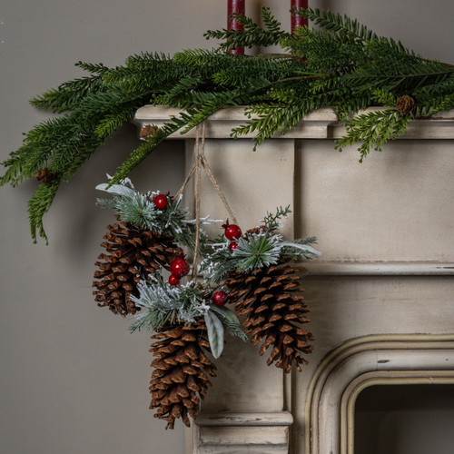 SNOW COVERED PINE, LAMB'S EAR & RED BERRY PINECONE CLUSTER