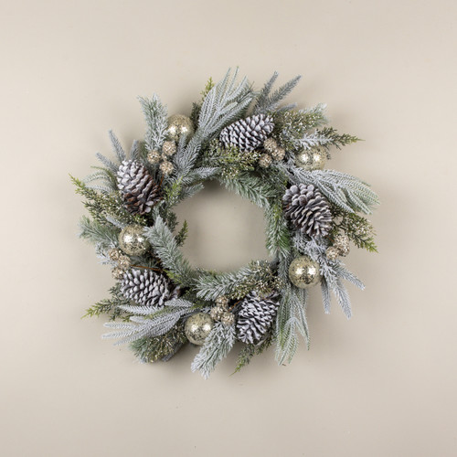 26" FROSTED PINE, GLITTER BALL & PINECONE WREATH