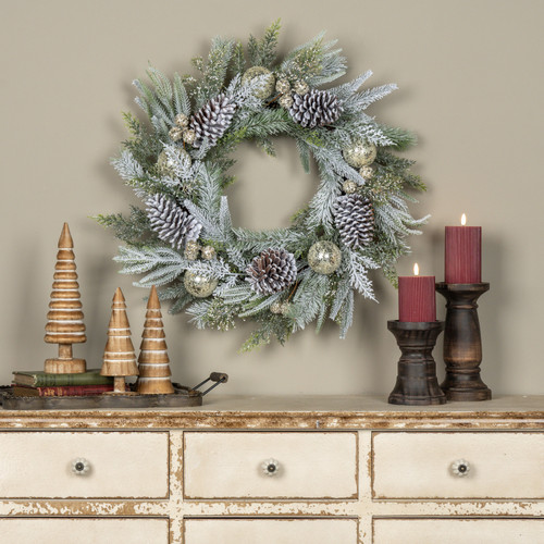 26" FROSTED PINE, GLITTER BALL & PINECONE WREATH