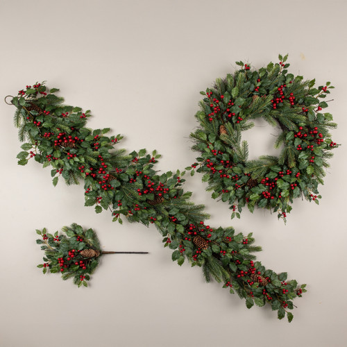 24" HOLLY, PINE & BERRY WREATH