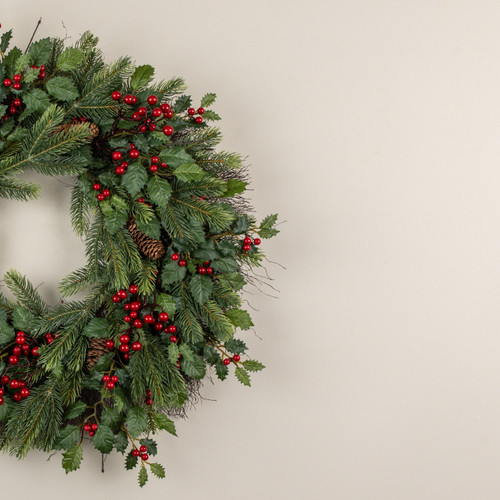 24" HOLLY, PINE & BERRY WREATH