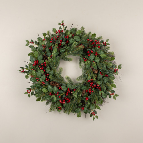 24" HOLLY, PINE & BERRY WREATH