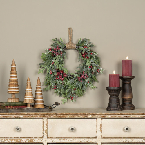 20" GLITTERED PINE, CYPRESS & HOLLY HANGING WREATH