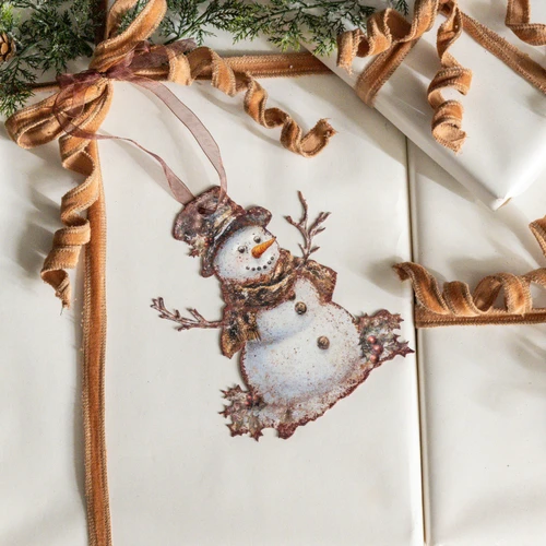 6" HOLLY SNOWMAN METAL ORNAMENT