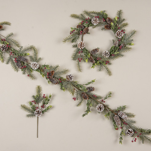 19" GLITTERED PINE W/ RED BERRIES & PINECONE WREATH
