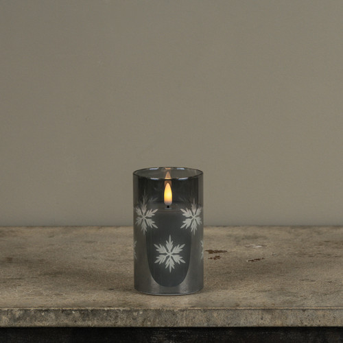 5" CHARCOAL GLASS W/ SNOWFLAKES 3D FLAME CANDLE