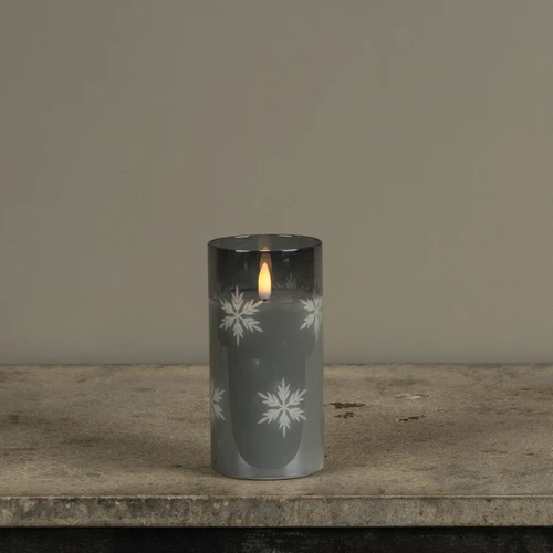 6" CHARCOAL GLASS W/ SNOWFLAKES 3D FLAME CANDLE