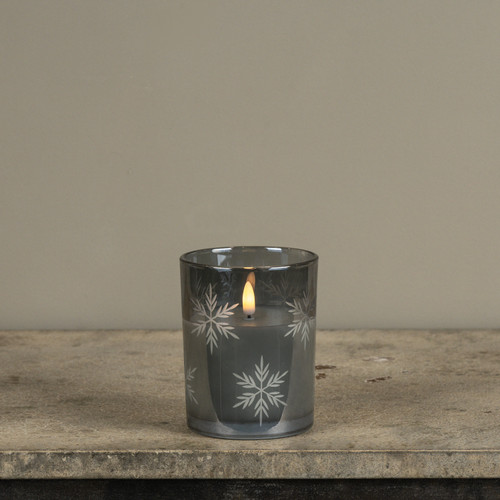 5" CHARCOAL THICK GLASS W/ SNOWFLAKES 3D FLAME CANDLE