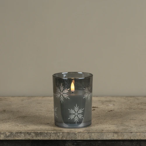 5" CHARCOAL THICK GLASS W/ SNOWFLAKES 3D FLAME CANDLE