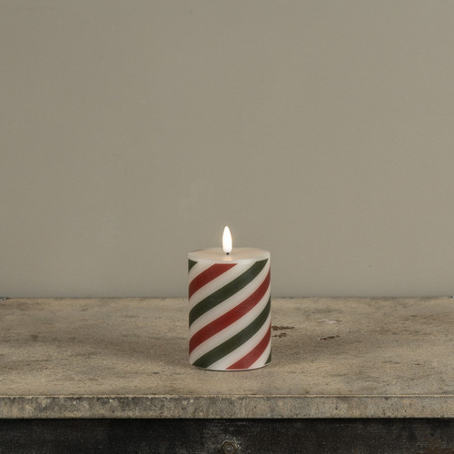 4" RED & GREEN CANDY CANE 3D FLAME PILLAR CANDLE
