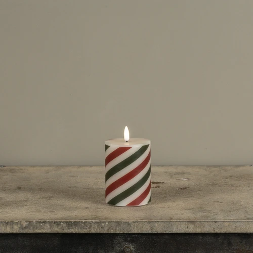 4" RED & GREEN CANDY CANE 3D FLAME PILLAR CANDLE