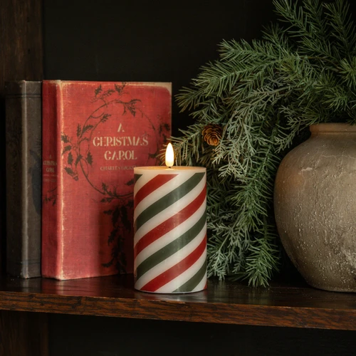 5" RED & GREEN CANDY CANE 3D FLAME PILLAR CANDLE