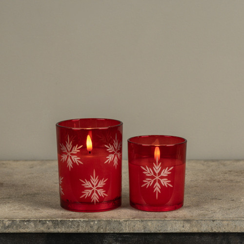 5" RED THICK GLASS W/ SNOWFLAKES 3D FLAME CANDLE