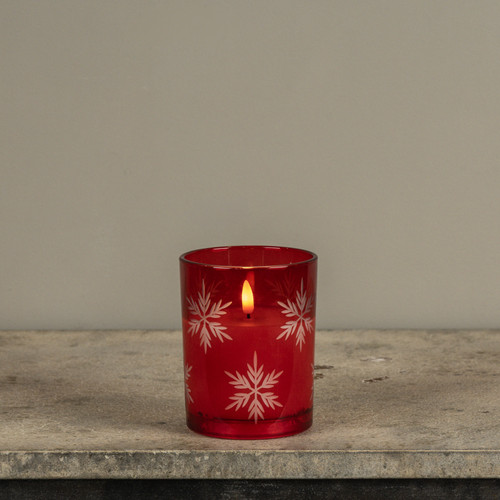 5" RED THICK GLASS W/ SNOWFLAKES 3D FLAME CANDLE
