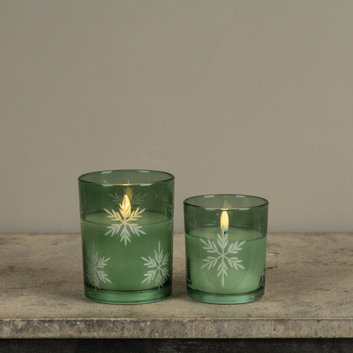 5" GREEN THICK GLASS W/ SNOWFLAKES 3D FLAME CANDLE