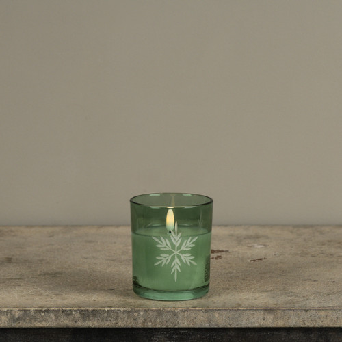 4" GREEN THICK GLASS W/ SNOWFLAKES 3D FLAME CANDLE
