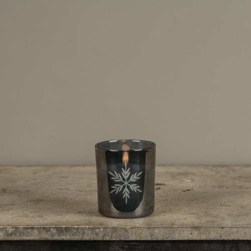 4" CHARCOAL THICK GLASS W/ SNOWFLAKES 3D FLAME CANDLE