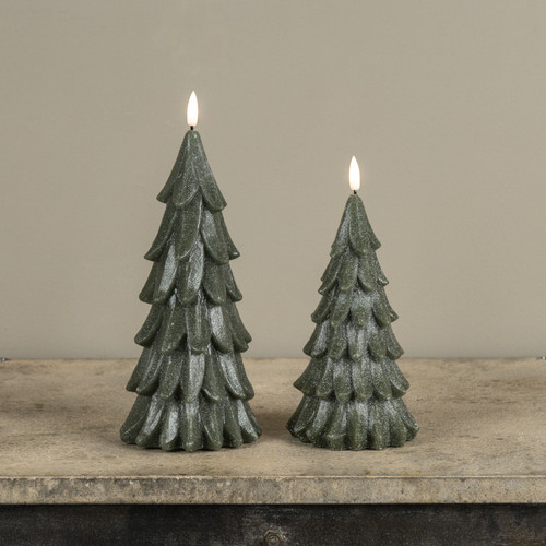 9.25" GREEN SHIMMER 3D FLAME ALABASTER PINE TREE CANDLE