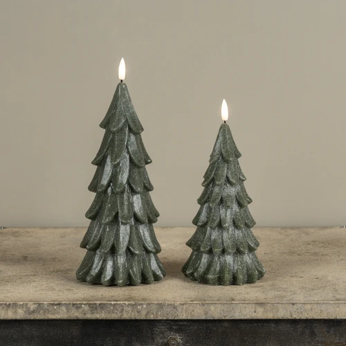 9.25" GREEN SHIMMER 3D FLAME ALABASTER PINE TREE CANDLE