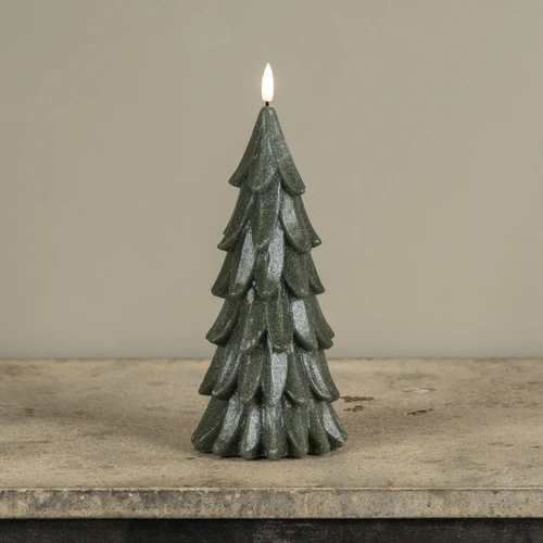 9.25" GREEN SHIMMER 3D FLAME ALABASTER PINE TREE CANDLE
