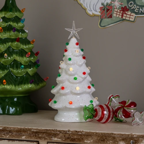 12" WHITE CERAMIC TREE W/ HOLIDAY LIGHTS