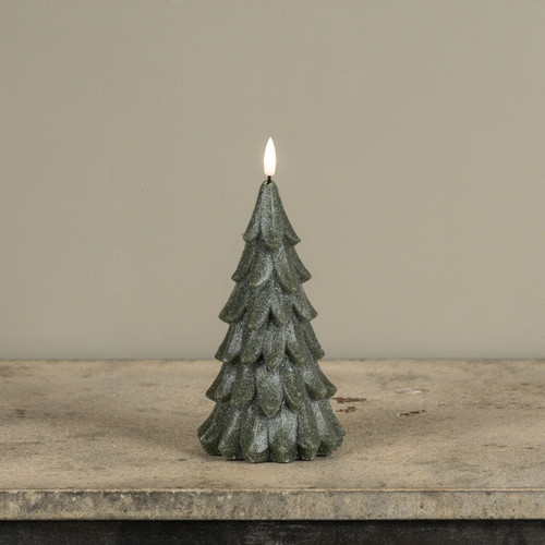 8" GREEN SHIMMER 3D FLAME ALABASTER PINE TREE CANDLE