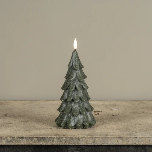 8" GREEN SHIMMER 3D FLAME ALABASTER PINE TREE CANDLE