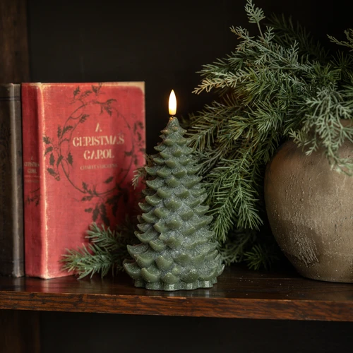 8" GREEN SHIMMER 3D FLAME BALSAM TREE CANDLE