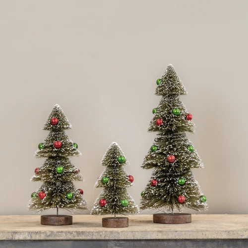 SET/3 SNOWY BOTTLEBRUSH TREES W/ ORNAMENTS