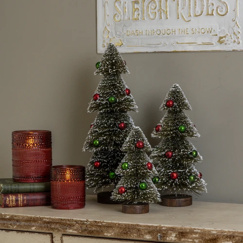 SET/3 SNOWY BOTTLEBRUSH TREES W/ ORNAMENTS