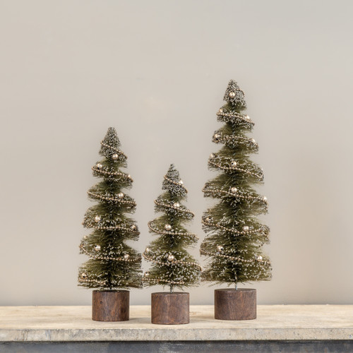 SET/3 SPIRAL CUT BOTTLEBRUSH TREES W/ ORNAMENTS & GARLAND
