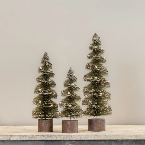 SET/3 SPIRAL CUT BOTTLEBRUSH TREES W/ ORNAMENTS & GARLAND