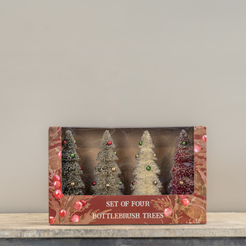 SET/4 8.75" CLASSIC SNOWY BOTTLEBRUSH TREES W/ ORNAMENTS