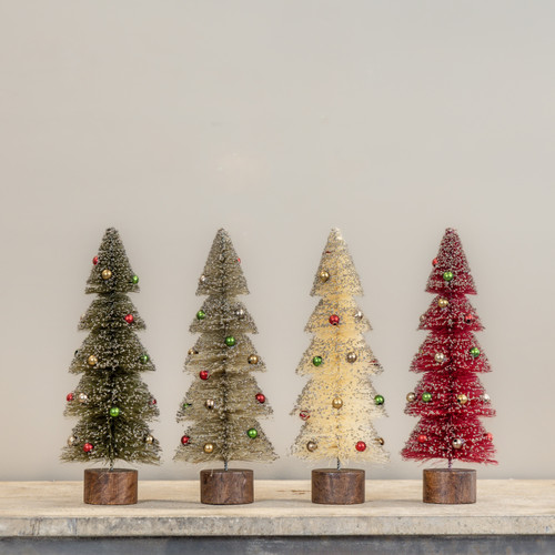 SET/4 12" CLASSIC SNOWY BOTTLEBRUSH TREES W/ ORNAMENTS