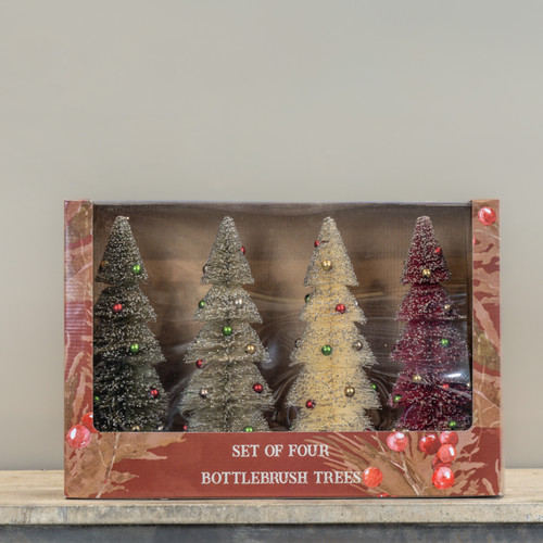 SET/4 12" CLASSIC SNOWY BOTTLEBRUSH TREES W/ ORNAMENTS