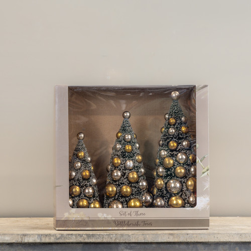 SET/3 BOTTLEBRUSH TREES W/ GOLD & SILVER ORNAMENTS
