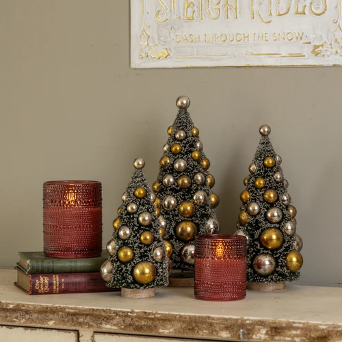 SET/3 BOTTLEBRUSH TREES W/ GOLD & SILVER ORNAMENTS