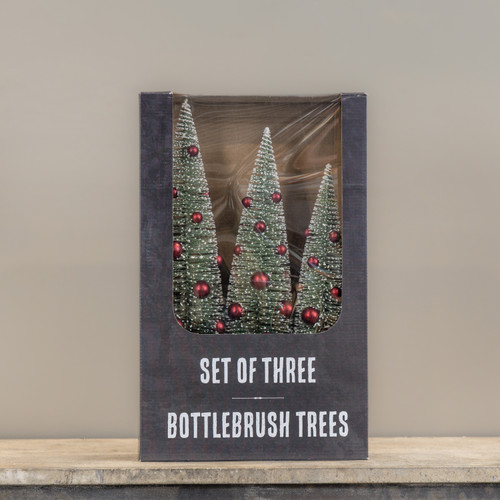 SET/3 OMBRE BOTTLEBRUSH TREES W/ RED ORNAMENTS