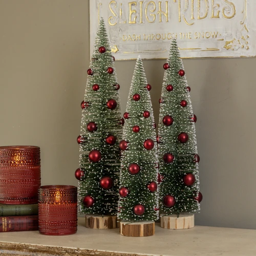SET/3 OMBRE BOTTLEBRUSH TREES W/ RED ORNAMENTS
