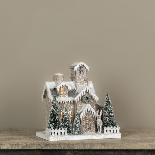 LIGHTED SNOW COVERED HOUSE W/ ARCHED WINDOWS