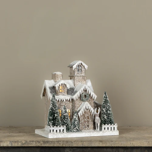 LIGHTED SNOW COVERED HOUSE W/ ARCHED WINDOWS