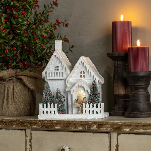 LIGHTED SNOW COVERED HOUSE W/ BALCONY