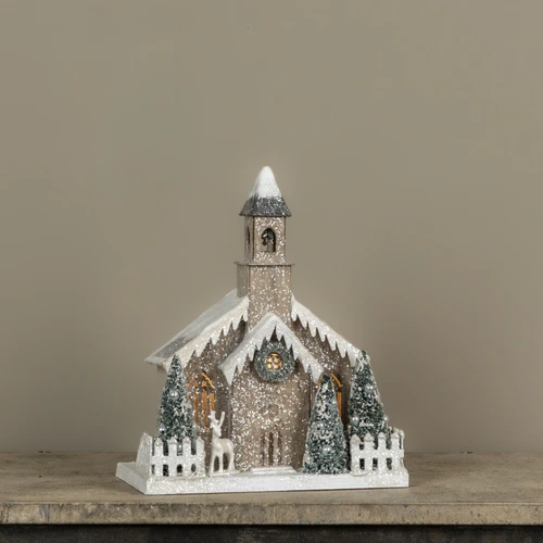 LIGHTED SNOW COVERED CHURCH W/ BELL