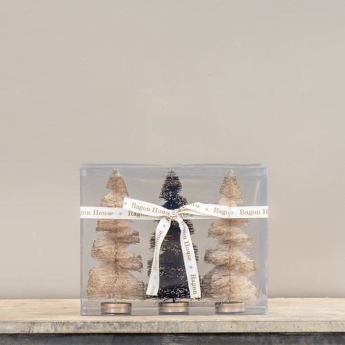 SET/3 CREAM & BLACK GOLD GLITTERED 9.75" BOTTLEBRUSH TREES