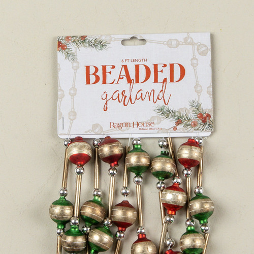 6' GREEN, RED & SILVER STRIPED BEADED GARLAND