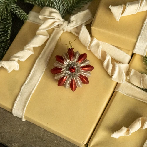 RED STRIPED ORNAMENT W/ SILVER TINSEL