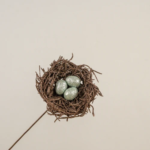 GLITTERED BIRD NEST W/ EGGS PICK